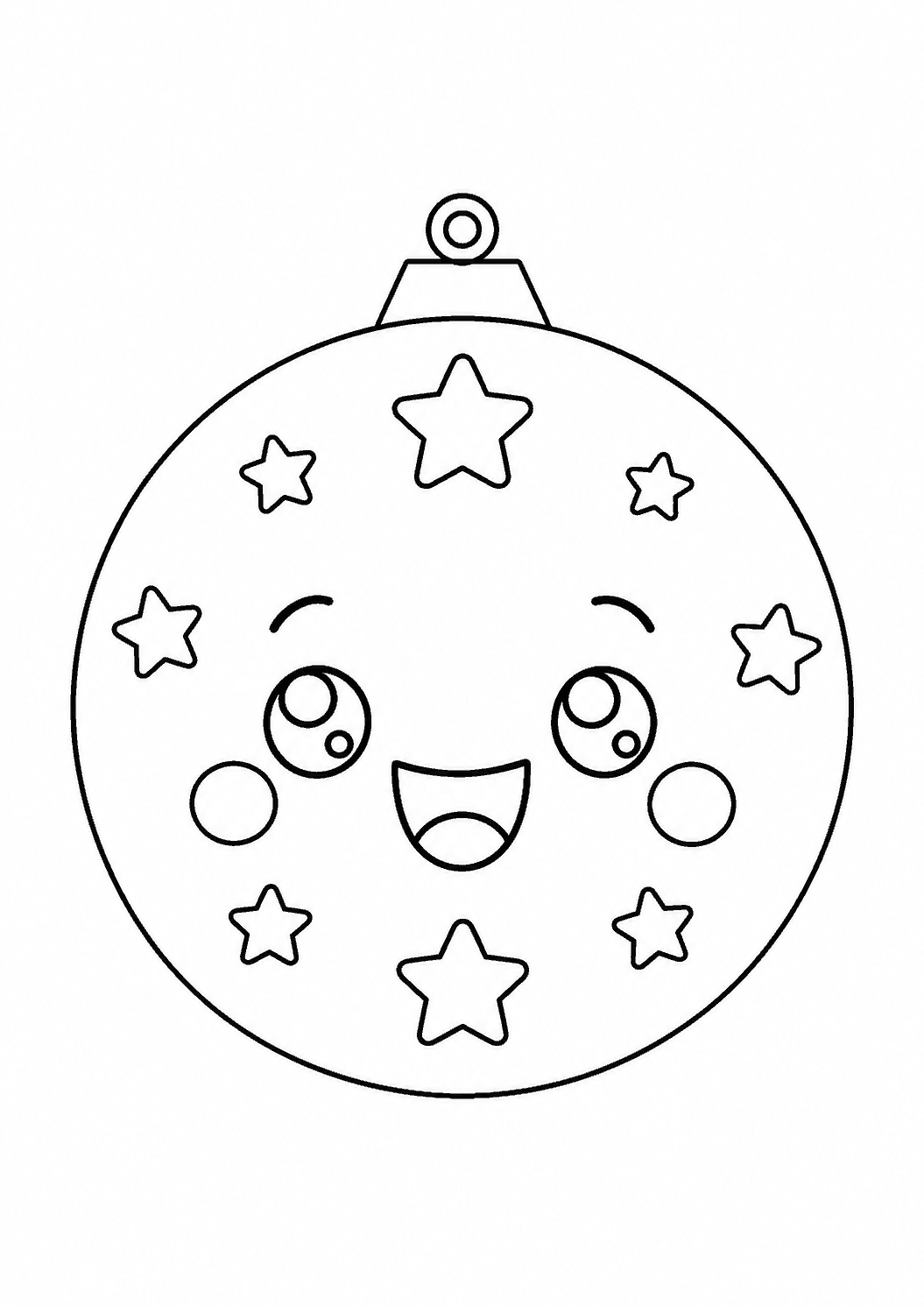 Boule de Noël kawaii à colorier, avec un visage souriant, format A4