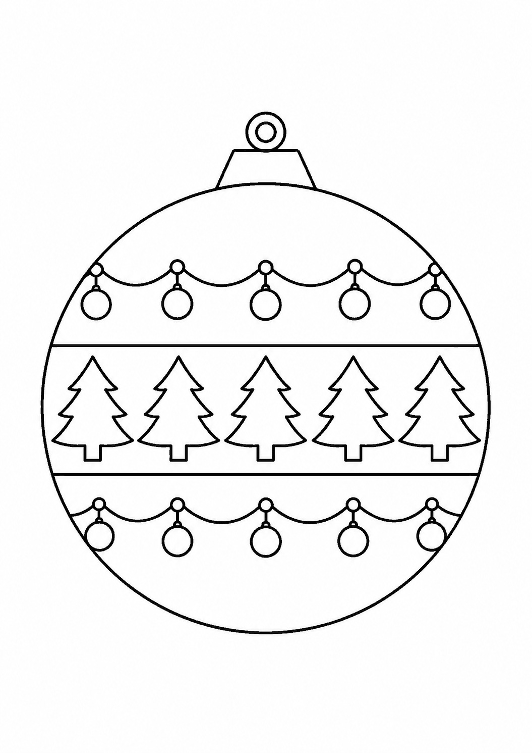 Boule de Noël à colorier avec une frise de petits sapins, à imprimer en A4