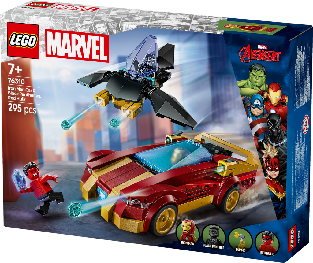 boîte LEGO Marvel 76310 La voiture d’Iron Man et Black Panther contre Hulk rouge