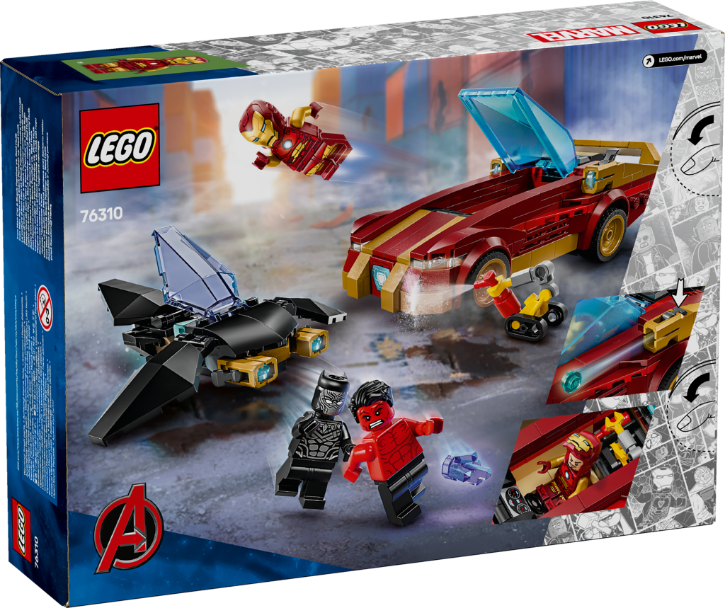 boîte LEGO Marvel 76310 La voiture d’Iron Man et Black Panther contre Hulk rouge
