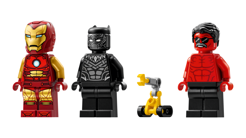 personnages LEGO Marvel 76310 La voiture d’Iron Man et Black Panther contre Hulk rouge