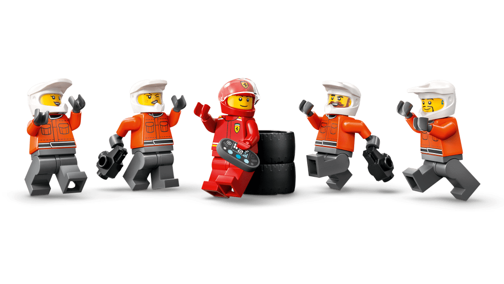 personnages LEGO City 60443 Arrêt au stand de F1 avec voiture Ferrari