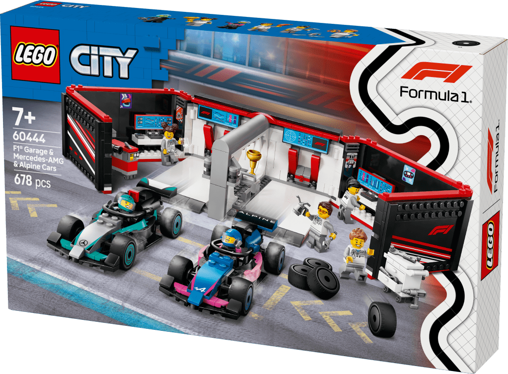 boîte LEGO City 60444 : Garage de F1 avec voitures Mercedes-AMG et Alpine