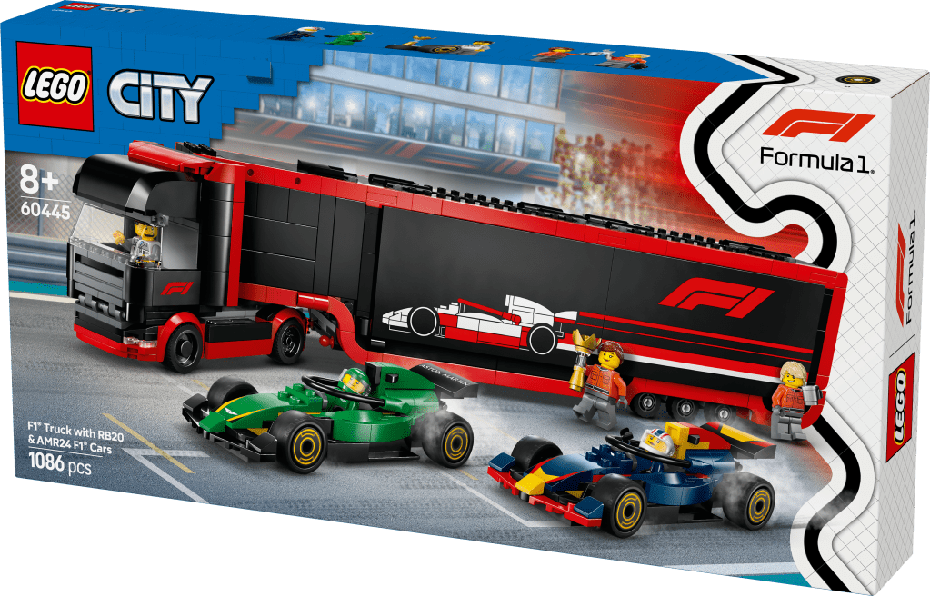 boîte LEGO City 60445 : Camion de F1 avec voitures Red Bull RB20 et Aston Martin AMR24