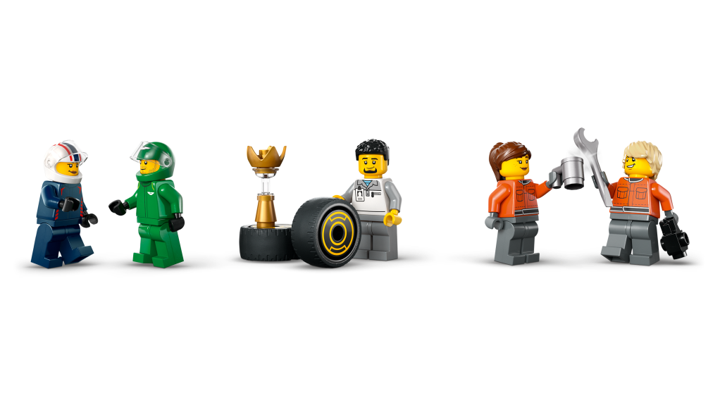personnages LEGO City 60445 : Camion de F1 avec voitures Red Bull RB20 et Aston Martin AMR24