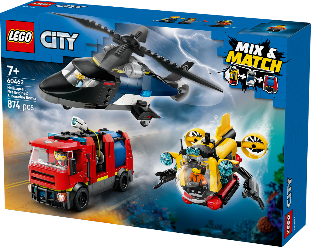 boîte LEGO City 60462 : Hélicoptère, camion de pompiers et sous-marin modulable