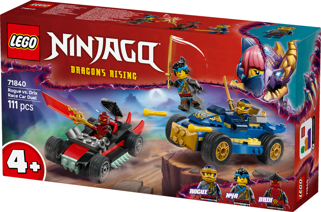 boîte LEGO NINJAGO 71840 Le duel en voitures de course de Rogue et Drix