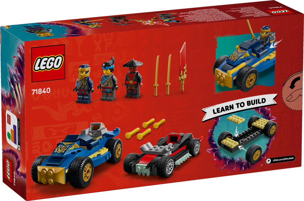 boîte LEGO NINJAGO 71840 Le duel en voitures de course de Rogue et Drix