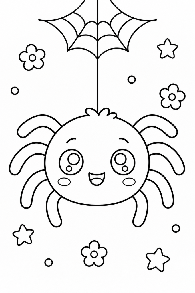 Coloriage kawaii d'une araignée mignonne d'Halloween à imprimer