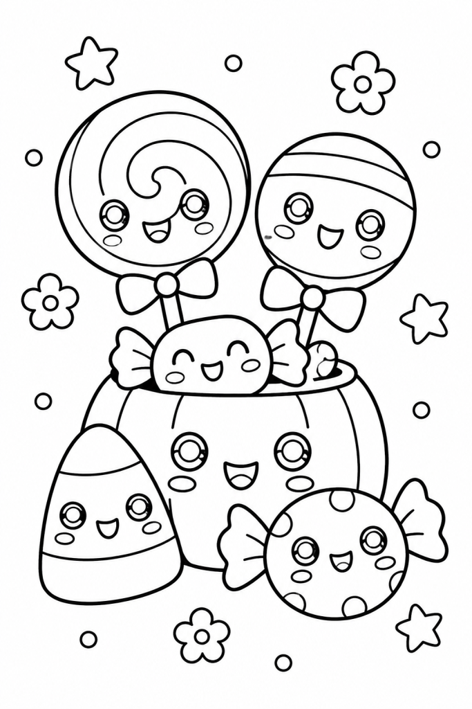 Coloriage kawaii de bonbons et de sucettes d'Halloween à imprimer