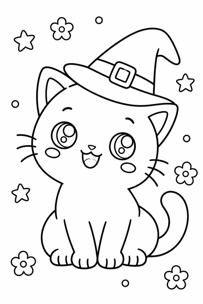 Coloriage kawaii d'un chat noir au chapeau de sorcière d'Halloween à imprimer
