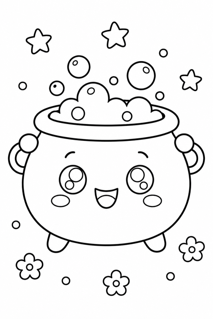 Coloriage kawaii d'un chaudron de sorcière d'Halloween à imprimer