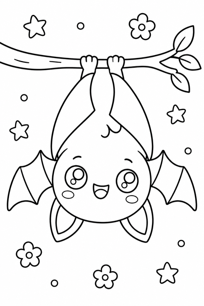 Coloriage kawaii d'une chauve-souris toute ronde d'Halloween à imprimer