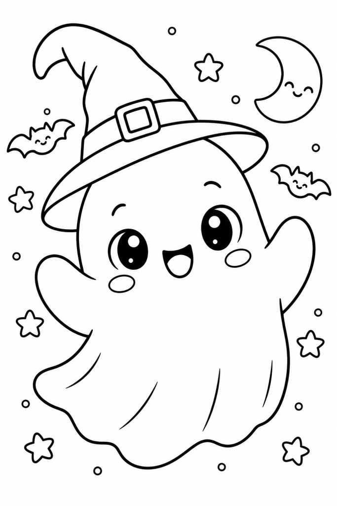Coloriage kawaii d'un fantôme mignon d'Halloween à imprimer