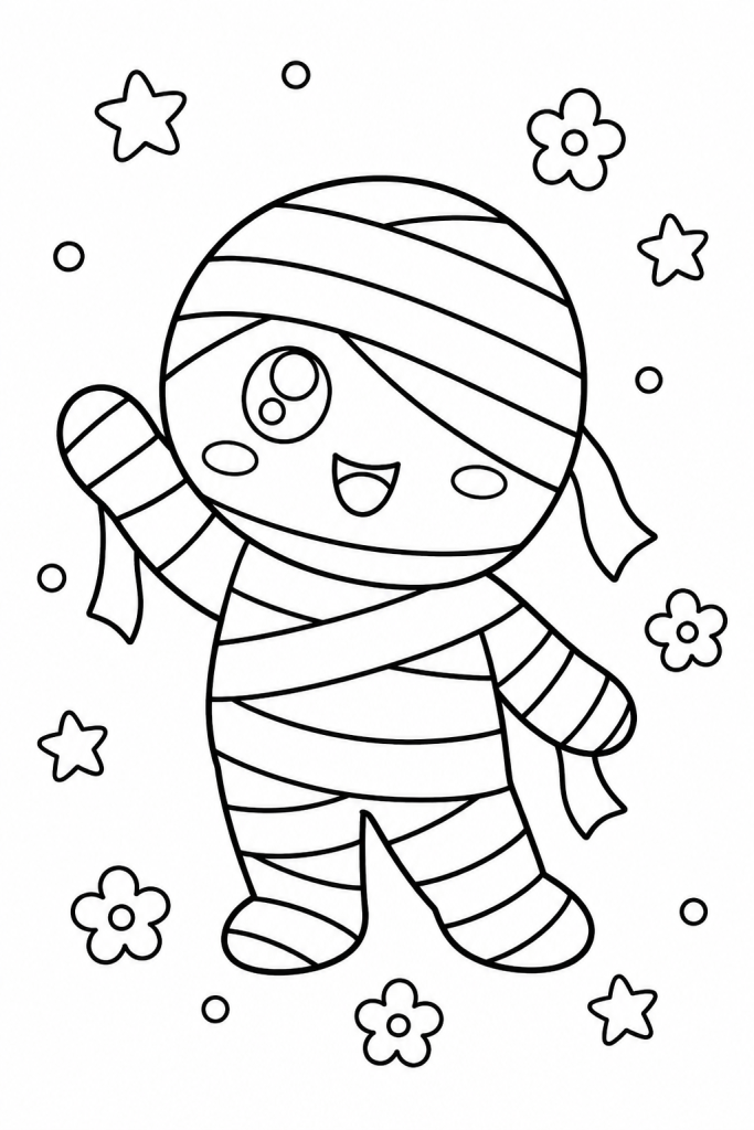 Coloriage kawaii d'une momie d'Halloween à imprimer