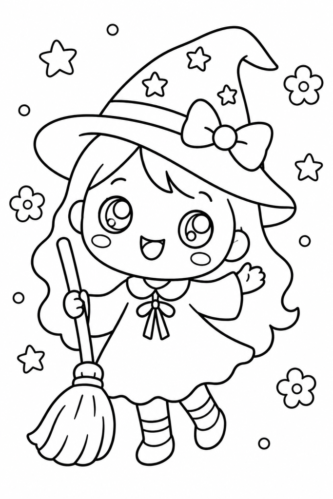 Coloriage kawaii d'une petite sorcière et de son balai d'Halloween à imprimer
