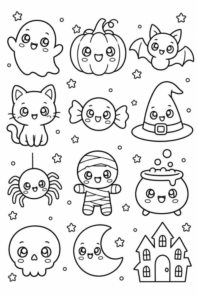Planche de 12 dessins kawaii d'Halloween à imprimer : fantôme, citrouille, chauve-souris, chat noir, bonbons et chapeau de sorcière