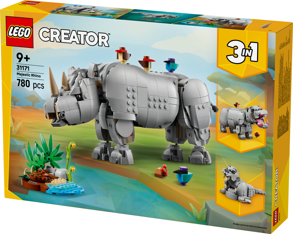 boîte LEGO Creator 3-en-1 31171 : Animaux Sauvages – Le Rhinocéros Majestueux et les Oiseaux