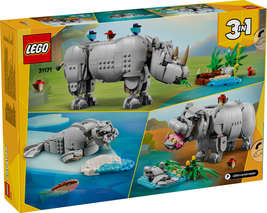 boîte LEGO Creator 3-en-1 31171 : Animaux Sauvages – Le Rhinocéros Majestueux et les Oiseaux