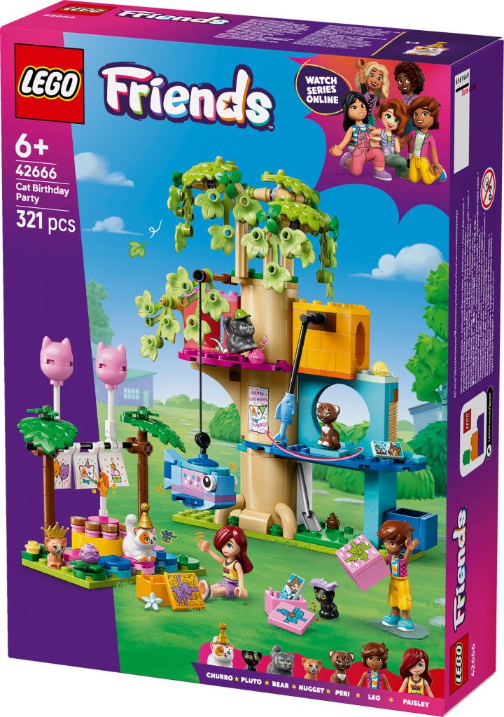boîte LEGO Friends 42666 : La fête d’anniversaire et l’arbre à chats