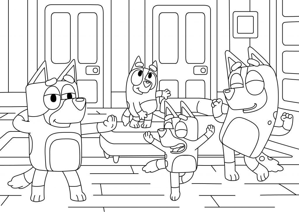 Coloriage des parents de Bluey, Bandit et Chilli, en famille à la maison, à imprimer