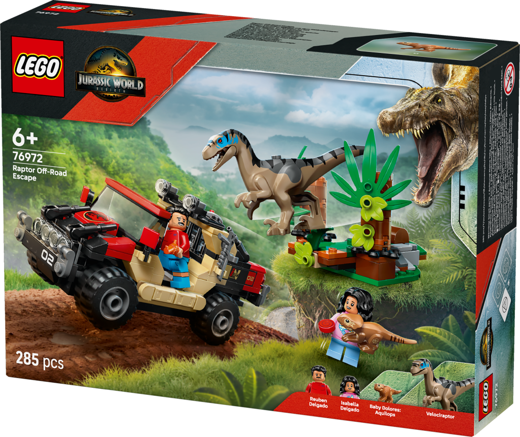 boîte LEGO Jurassic World 76972 : Le vélociraptor et l’évasion en 4x4
