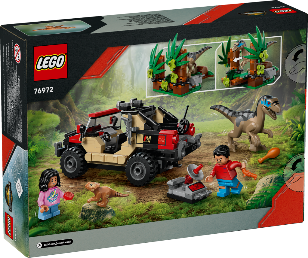 boîte LEGO Jurassic World 76972 : Le vélociraptor et l’évasion en 4x4