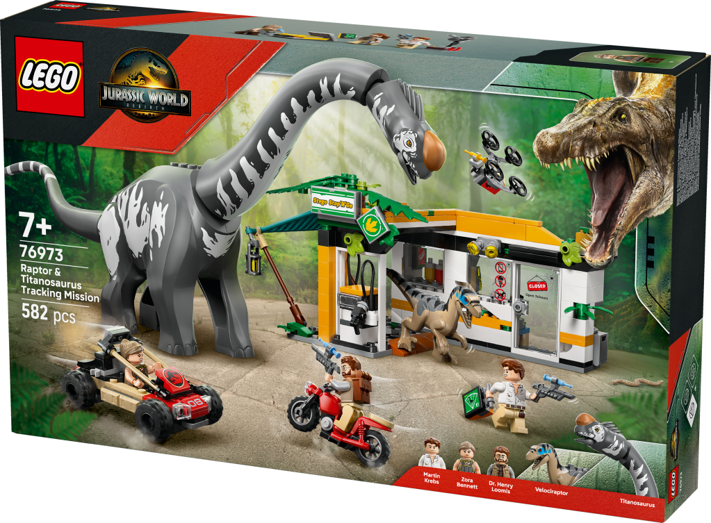 boîte LEGO Jurassic World 76973 : La poursuite du vélociraptor et du titanosaure