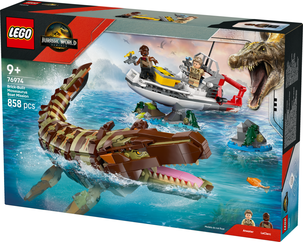 boîte LEGO Jurassic World 76974 : Le bateau en mission et le mosasaure en briques