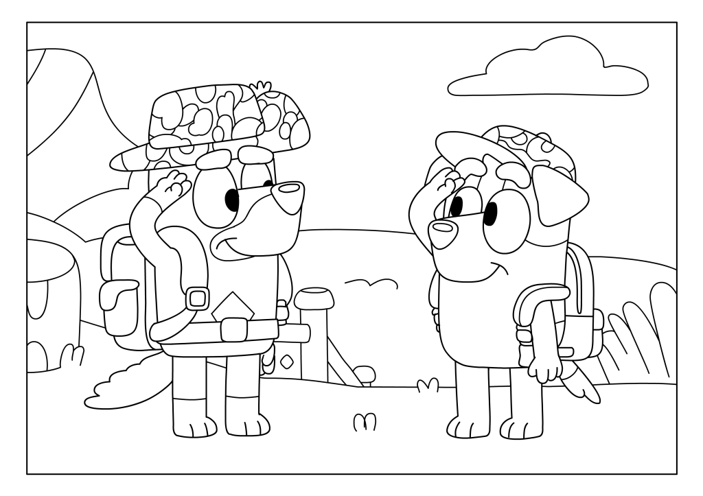 Coloriage de Bluey et un ami déguisés en soldats avec des casques, à imprimer