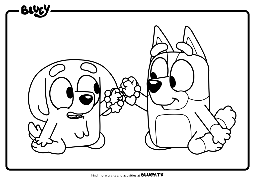 Coloriage de Bingo et son amie Lila sentant une fleur ensemble, à imprimer