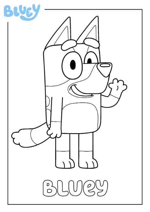 Coloriage de Bluey en pied, souriante et saluant, à imprimer