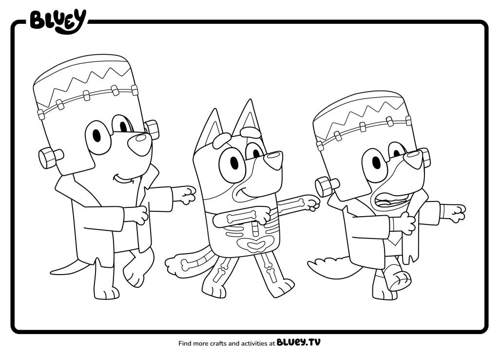 Coloriage Bluey et ses amis déguisés en monstre de Frankenstein pour Halloween, modèle 1 à imprimer