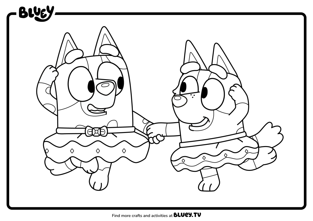 Coloriage Bluey et Bingo déguisées en sorcières avec robe à volants pour Halloween, modèle 2 à imprimer