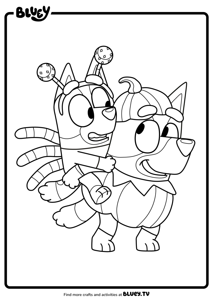 Coloriage Bluey et Bingo avec chapeaux pointus et seaux citrouilles pour Halloween, modèle 3 à imprimer