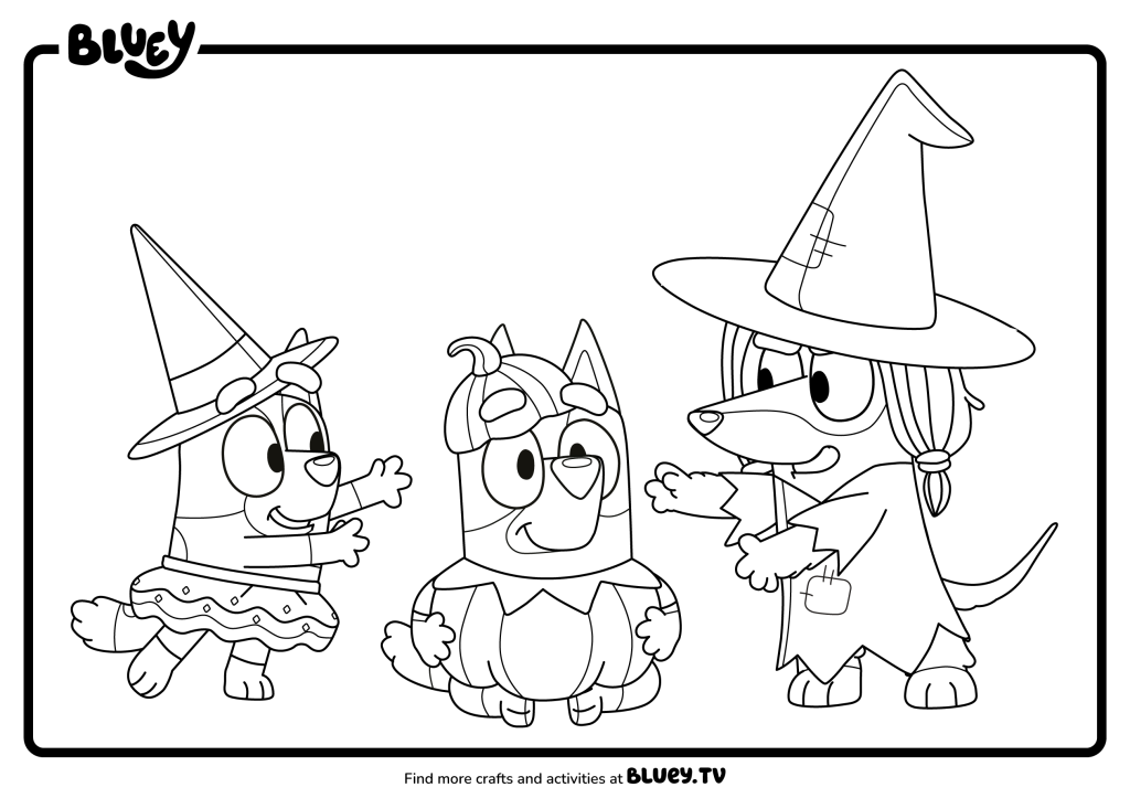Coloriage Bluey, Bingo et Bandit déguisés en sorciers avec chapeaux pointus pour Halloween, modèle 4 à imprimer
