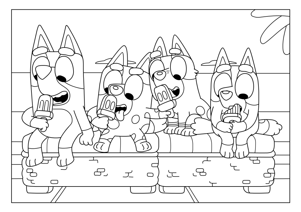 Coloriage de Bluey et ses amis jouant aux charades autour d'une table, à imprimer