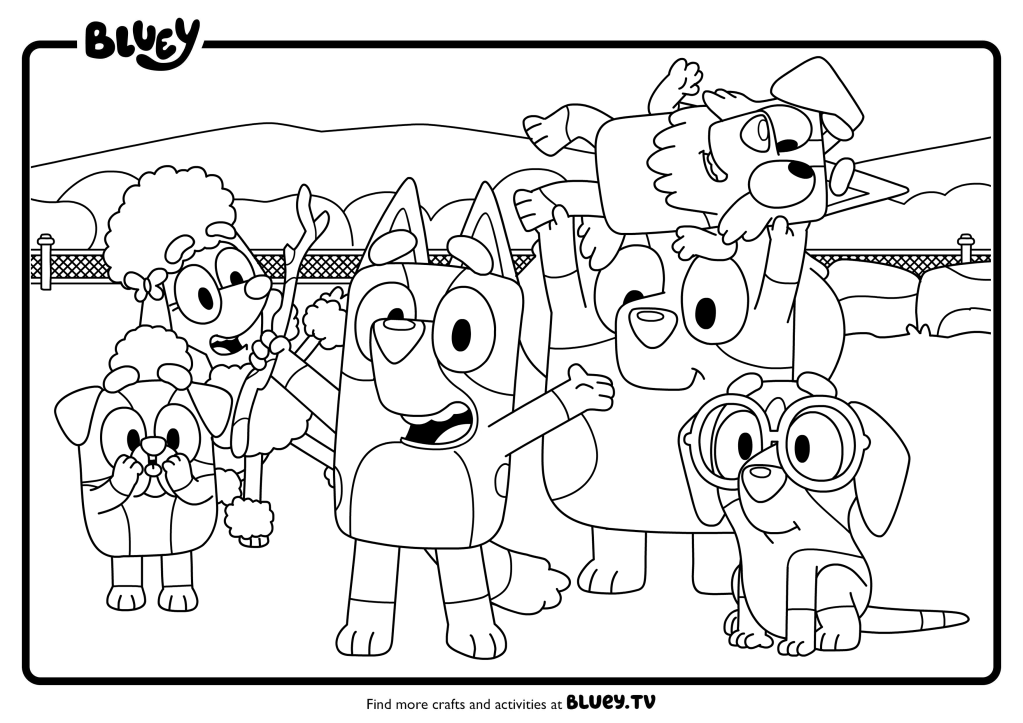 Coloriage de Bluey et ses amis jouant au cirque tous ensemble, à imprimer