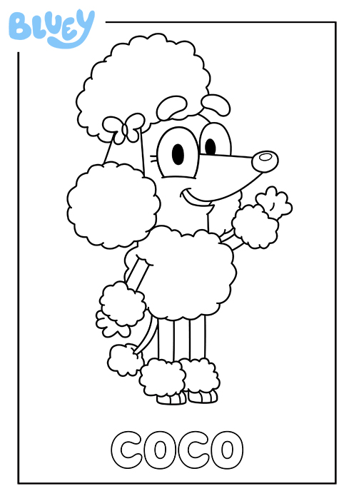 Coloriage de Coco, l'amie caniche de Bluey, en pied à imprimer