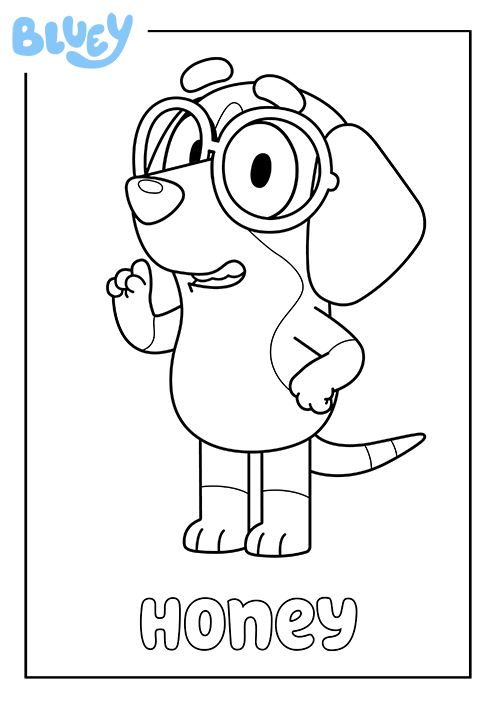 Coloriage de Honey, l'amie de Bluey, en pied à imprimer