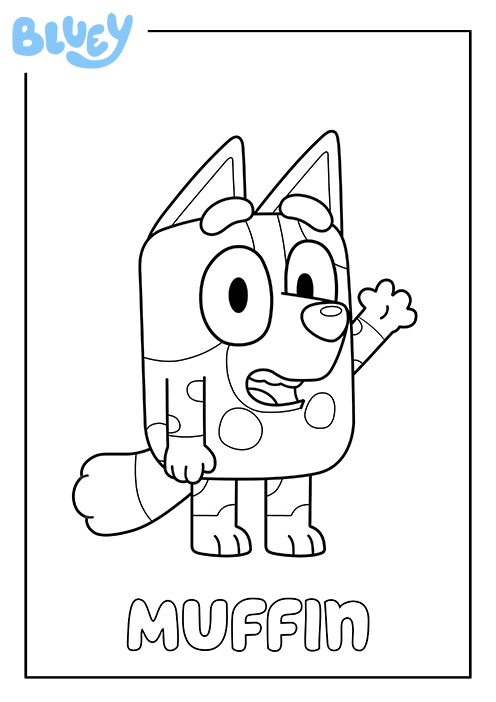 Coloriage de Muffin, la cousine de Bluey, en train de saluer, à imprimer