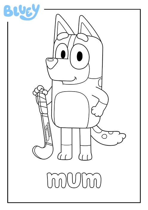 Coloriage de Chilli, la maman de Bluey, avec sa crosse de hockey, à imprimer