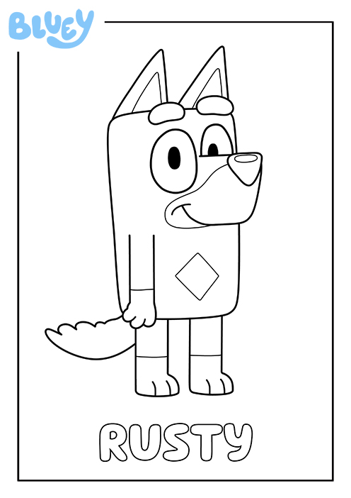 Coloriage de Rusty, l'ami de Bluey, en pied à imprimer