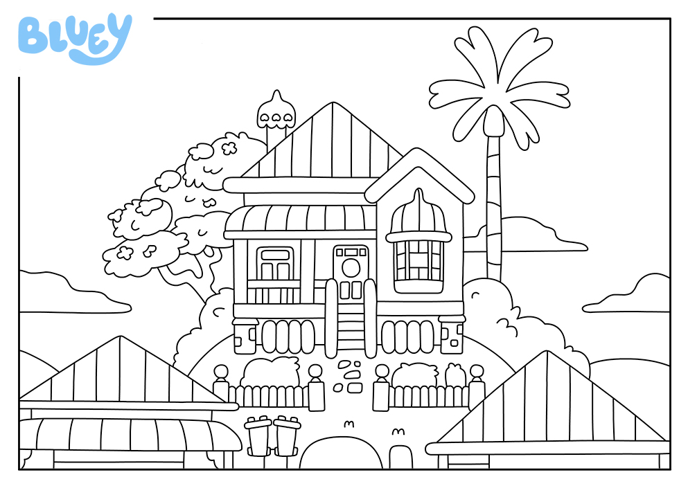 Coloriage d'une scène de jeu imaginaire de Bluey avec une maison sur une île, à imprimer