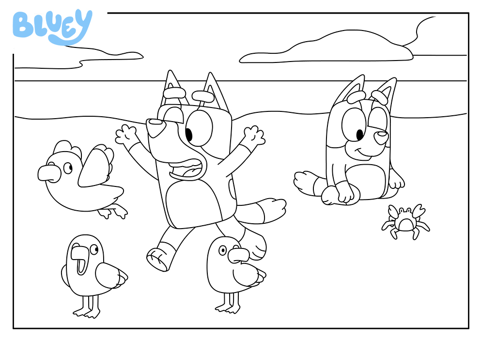 Coloriage de Bluey et Bingo jouant à la plage avec des oiseaux et un crabe, à imprimer