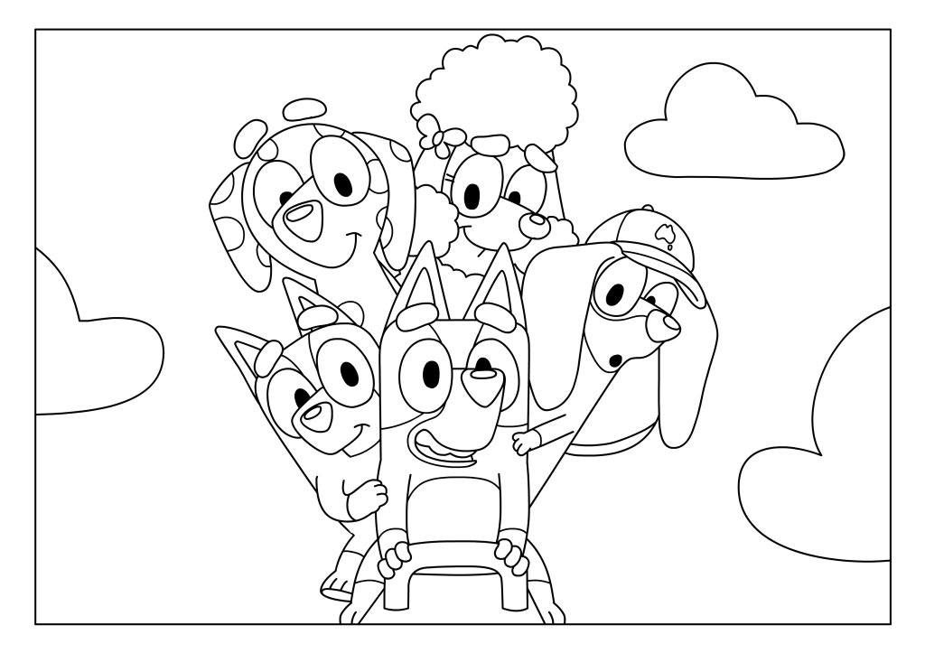 Coloriage de Bluey et ses amis rassemblés en groupe, visages serrés les uns contre les autres, à imprimer