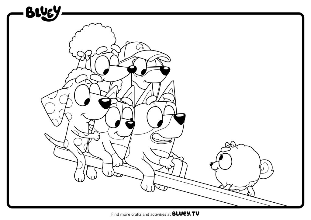 Coloriage de Bluey et ses amis jouant sur une balançoire-bascule en groupe, à imprimer