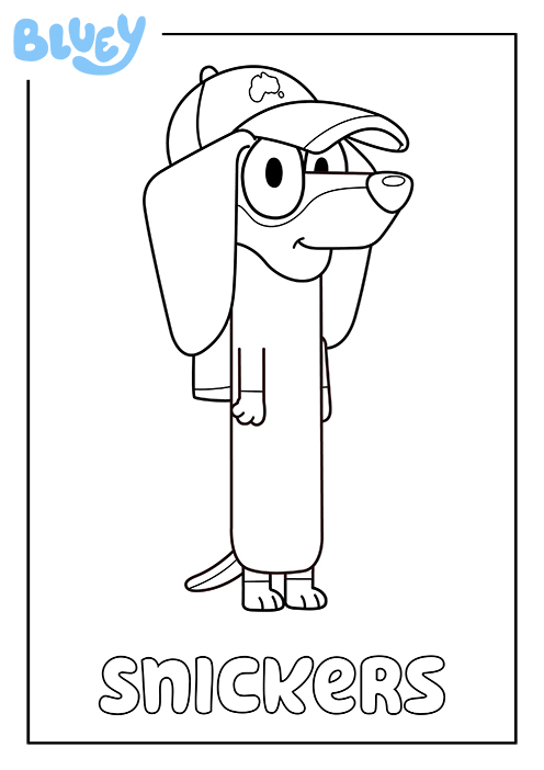 Coloriage de Snickers, l'ami de Bluey, casquette sur la tête, à imprimer