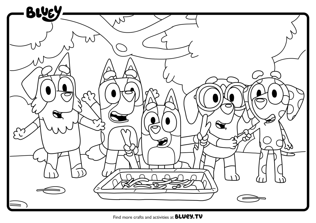 Coloriage de Bluey et ses amis jouant aux espions autour d'une table, à imprimer