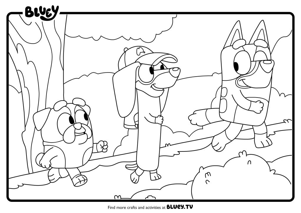 Coloriage de Bluey se promenant en forêt avec deux amis, à imprimer